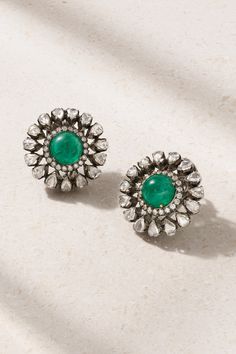 Amrapali London describes its 'Rajasthan' collection as "a kaleidoscope" of gemstones, arranged in a way that highlights each one's natural beauty. Hand-cast from 18-karat white gold and sterling silver, these earrings are centered with vibrant emeralds framed by rows of diamonds. Wear yours for special occasions, tucking your hair back to show them off. Designer Fusion Meenakari Earrings, Designer Meenakari Fusion Earrings, Luxury Kundan Earrings, Luxury Earrings For Festivals, Emerald And Diamond Earrings, Hair Back, Luxury Women Fashion, Earrings In Gold, Ladies Of London