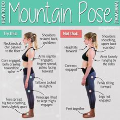 a woman standing with her hands on her hips and the words mountain pose below it