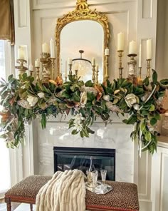 a living room with a fire place and fireplace decorated for new year's eve