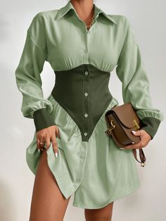 Verde Casual Collar manga larga Tela Color combinado Camisa Embellished No-Elástico  Vestidos de Mujer Trendy 2 Piece Outfits, Trendy Dress Outfits 2023, Trendy Styles 2023, Maxi Button Down Dress, Drop Sleeve Pattern, Shirt Collar Pattern For Women, Short Classy Dresses, Shirt Gown Styles, 2pieces Outfits