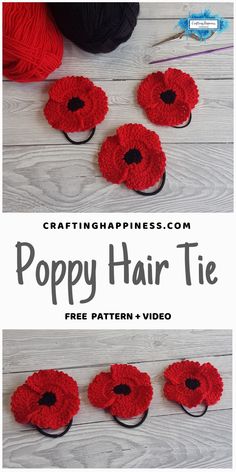 crocheted poppy hair ties with the words poppy hair ties written in black and white