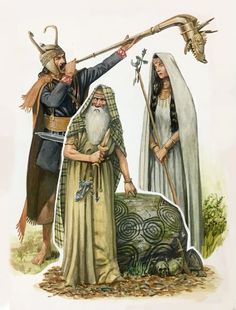 an illustration of two people dressed in medieval clothing, one holding a staff and the other pointing at something