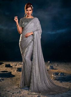 Silver Grey Embroidered Saree Swarovski Saree, Shimmer Saree, Classic Saree, Reception Saree, Saree Party Wear, Grey Saree, Party Sarees, Net Saree, Gray Silk