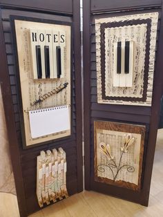 two pieces of art made out of old music sheets with notes and piano keys on them