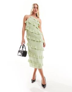 Pretty Lavish one shoulder ruffle midaxi dress in sage green | ASOS Chic One Shoulder Ruffled Dress For Spring, Chic One Shoulder Dress With Ruffles For Spring, Chic One-shoulder Ruffle Dress For Spring, Summer Formal Maxi Dress With Ruffled Straps, Summer Maxi Dress With Ruffled Straps For Formal Events, Formal Summer Maxi Dress With Ruffled Straps, Formal Maxi Dress With Ruffled Straps For Summer, Green Tiered Maxi Dress For Party, Formal Midi Dress With Spaghetti Straps And Ruffles