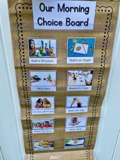 a bulletin board with pictures on it and the words'our morning choice board '