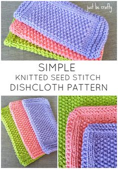 the simple knitted seed stitch dishcloth pattern is shown in three different colors and sizes