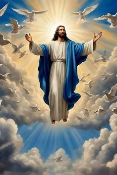 there is a painting of jesus in the sky with birds around him and his hands are outstretched