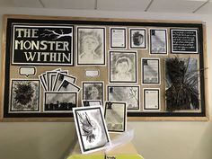 a bulletin board with pictures and writing on it in front of a wall full of photos