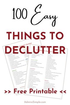 the words, 100 easy things to declutter are shown in red and black