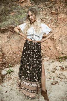 Split Side Skirt, Printed Long Skirt, Maxi Skirt Boho, Black Maxi Skirt, Split Skirt, Beach Skirt, Bohemian Beach, Boho Maxi, Chiffon Skirt