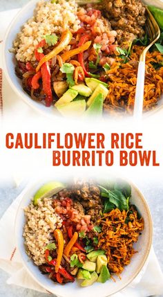 two bowls filled with rice and vegetables on top of a white cloth next to each other