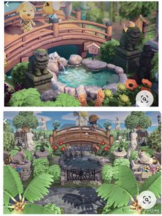 two screens showing the same scene in animal crossing, and an image of a bridge