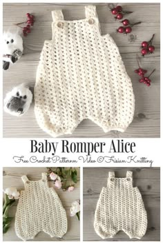 baby romper alice crochet pattern for newborns and toddlers with pictures of it