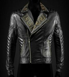 Handmade Gold & Sliver Studded Jacket Black With Slashed Pockets sold by Crafted Leather. Shop more products from Crafted Leather on Storenvy, the home of independent small businesses all over the world. Loafer Boots, Leather Jackets Men, Mens Versace, Rock Jacket, Jaket Motor, Gentleman Suit, Mens Leather Jacket, Custom Leather Jackets, Studded Leather Jacket