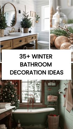 the bathroom is decorated for christmas with green and white decor, including a bathtub