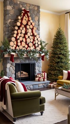 a living room decorated for christmas with a fire place