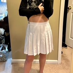 Brand New W/Out Tags Wild Fable Pleated Skirt In White Size Small. Pleated Skirts Are Very In Right Now And This One Is So Cute And Made From A Great Material. It Is Thick And Not See Through. It Has A Size Zipper Closure And Button On Top. This Is Great For Year Round Wear And Goes With Anything From Oversized Sweatshirts To Cute Cardigans! Thanks For Checking Out My Closet! Preppy High-waisted Pleated Skirt, White High-waist Bottoms For School, White Pleated School Uniform Skirt, Preppy White Pleated Skirt, To Cute, Cute Cardigans, Pleated Skirts, Skirt White, Wild Fable