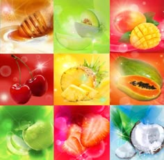 a collage of fruit and vegetables in different colors