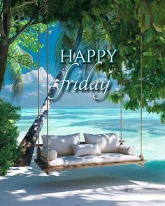 a happy friday greeting card with a swing on the beach and palm trees in the background