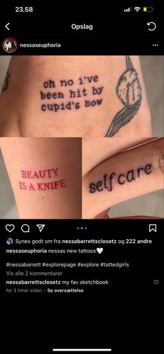 two tattoos with words on them and one saying beauty is a knife, the other saying self care