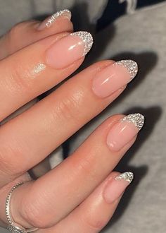 New Years's Eve nails: silver glitter French tips Newyear Nail Design, Cute Nails New Years, New Year Nail Inspiration, Simple New Years Nails Acrylic, Nail Inspo For New Years, New Year New Nails, Winter Nails New Years, French New Years Nails, New Years Nail Inspiration