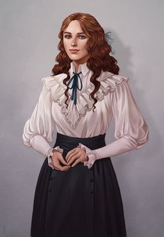 a painting of a woman wearing a white shirt and black skirt with her hands in her pockets