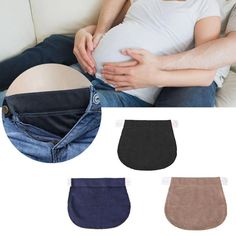 a pregnant man sitting on a couch with his belly in the pocket and four different colors