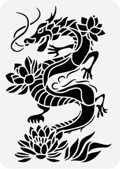 a black and white drawing of a dragon with flowers on it's back side