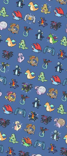 a blue background with many different types of cartoon characters on it's sides, all in