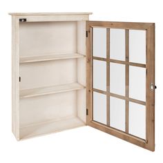 an open bookcase with several shelves and mirrors on the front, including one door