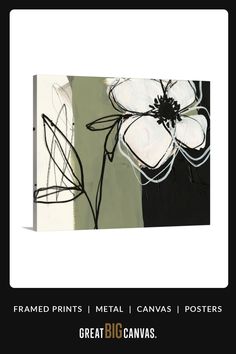 an abstract painting with black and white flowers