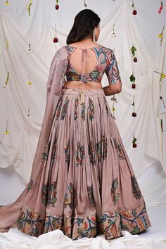 Sand rose pink attached cancan lehenga with all over peacock, floral hand painted kalamkari pattern. Paired with a blouse with floral kalamkari pattern, elevated with sequins and dupatta. - Aza Fashions Rose Pink Lehenga, Kalamkari Pattern, Cancan Lehenga, Lehenga Pattern, Peacock Pattern, Pink Lehenga, Pink Silk, Set For Women, Aza Fashion