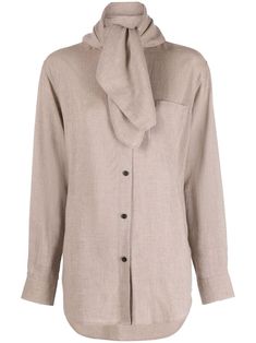 TOTEME scarf-collar long-sleeve Shirt - Farfetch Designer Long Sleeve Beige Tops, Designer Beige Long Sleeve Tops, Designer Brown Long Sleeve Tops, Beige Long Sleeve Tops With Concealed Placket, Toteme Scarf, Scarf Shirt, Cashmere Color, Love Your Skin, Airport Fashion