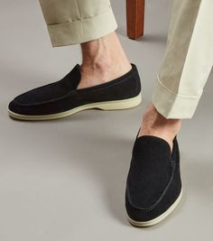 Brabion Unlined Capri Suede Loafer – Black Casual Slip-on Dress Shoes With Contrast Sole, Casual Tassel Loafers With Plain Toe For Galas, Casual Plain Toe Tassel Loafers For Galas, Galas Slip-on Tassel Loafers With Rubber Sole, Slip-on Moccasins For Formal Events, Classic Slippers With Rubber Sole, Casual Slip-on Dress Shoes For Galas, Loafers With Removable Insole And White Sole, White Sole Textured Slip-on Loafers