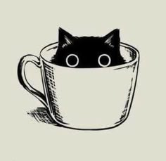 a black cat sitting in a coffee cup with eyes drawn on it's side