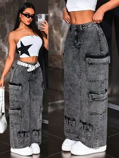 Women Cargo Jeans, Wheelchair Fashion Woman Clothes, Emo Baggy Clothes, Elevated Street Style Women, Baggy Dress Pants Outfits, Cute Clothing Brands, Outfits For Hourglass Body Shape, Limerence Sasha Tiktok, Mcbling Black Women