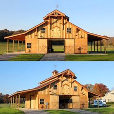 two pictures of a large wooden barn