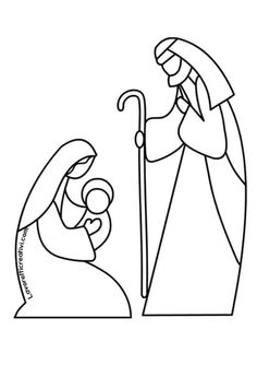 the nativity scene is outlined in black and white, with an image of mary and jesus