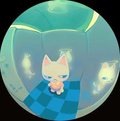 a cartoon cat sitting on top of a blue checkered floor