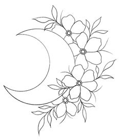 the moon with flowers on it is outlined in black and white, as well as an outline