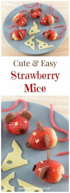 two plates with strawberries and chocolate on them, one is made to look like mice