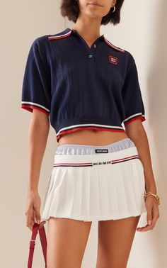 Silk-Cotton Polo Sweater By Miu Miu | Moda Operandi Polo Outfits For Women, Miu Miu Style, Polo Outfits, Polo Outfit, Elegance Style, Fresh Outfits, Tennis Skirts, Polo Sweater