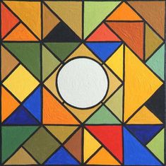 an abstract painting with many different colors and shapes on it's surface, including a white circle in the center