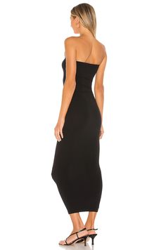 • 93% polyamide, 7% elastane• Unlined• Neckline to hem measures approx 46" in length Stretch Lined Bodycon Midi Dress, Stretch Midi Length Lined Bodycon Dress, Stretch Bodycon Midi Dress With Lining, Stretch Lined Midi Dress, Stretch Midi Dress Lined, Stretch Midi Dress With Lining, Fitted Strapless Elastane Dress For Date Night, Lined Midi-length Bodycon Dress, Sleek Elastane Midi Dress For Date Night