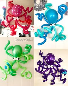 four different types of octopus balloons hanging on the wall