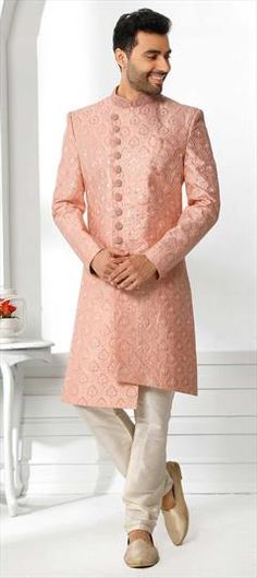 Pink and Majenta color Sherwani in Art Silk fabric with Embroidered, Thread work Luxury Long Sleeve Pink Sherwani, Luxury Pink Sherwani Straight Kurta, Luxury Pink Sherwani With Pallu, Color Art, Thread Work, Silk Fabric, Colorful Art, Thread, Silk