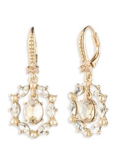 Glowing with a gorgeous golden shine, these stunning earrings from Marchesa are highlighted by glimmering crystals. | Marchesa Gold Tone Cluster Drop Earrings Designer Fashion Jewelry, Stone Crystal, Fashion Jewelry Earrings, Stunning Earrings, Marchesa, Gold Tone Metal, Fashion Watches, Halo, Jewelry Watches