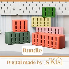 several different colored blocks sitting on top of each other in front of a white shelf