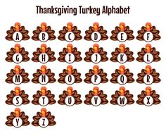 a thanksgiving turkey alphabet with the letters and numbers for each letter, including one in the center